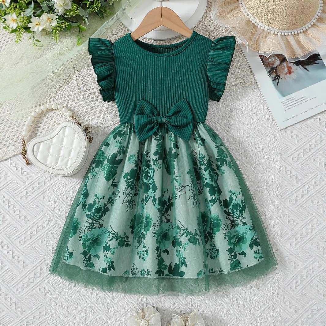 Fashionable Summer Dress for Girls with Butterfly Print, Bow Detail, and Layered Cap Sleeves
