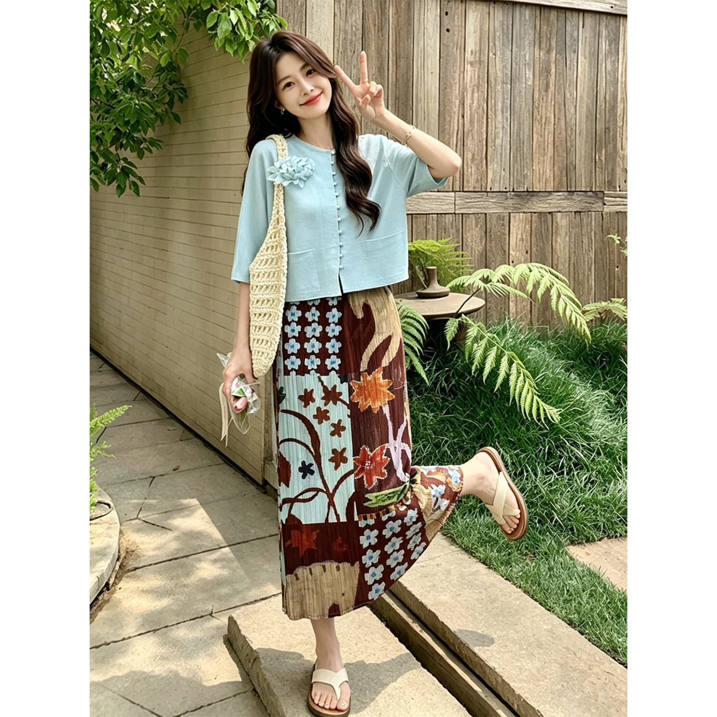 Miyake Pleats New Fashion Print Set Women's Summer Short Sleeve Top Print Skirt Casual Two-Piece Set
