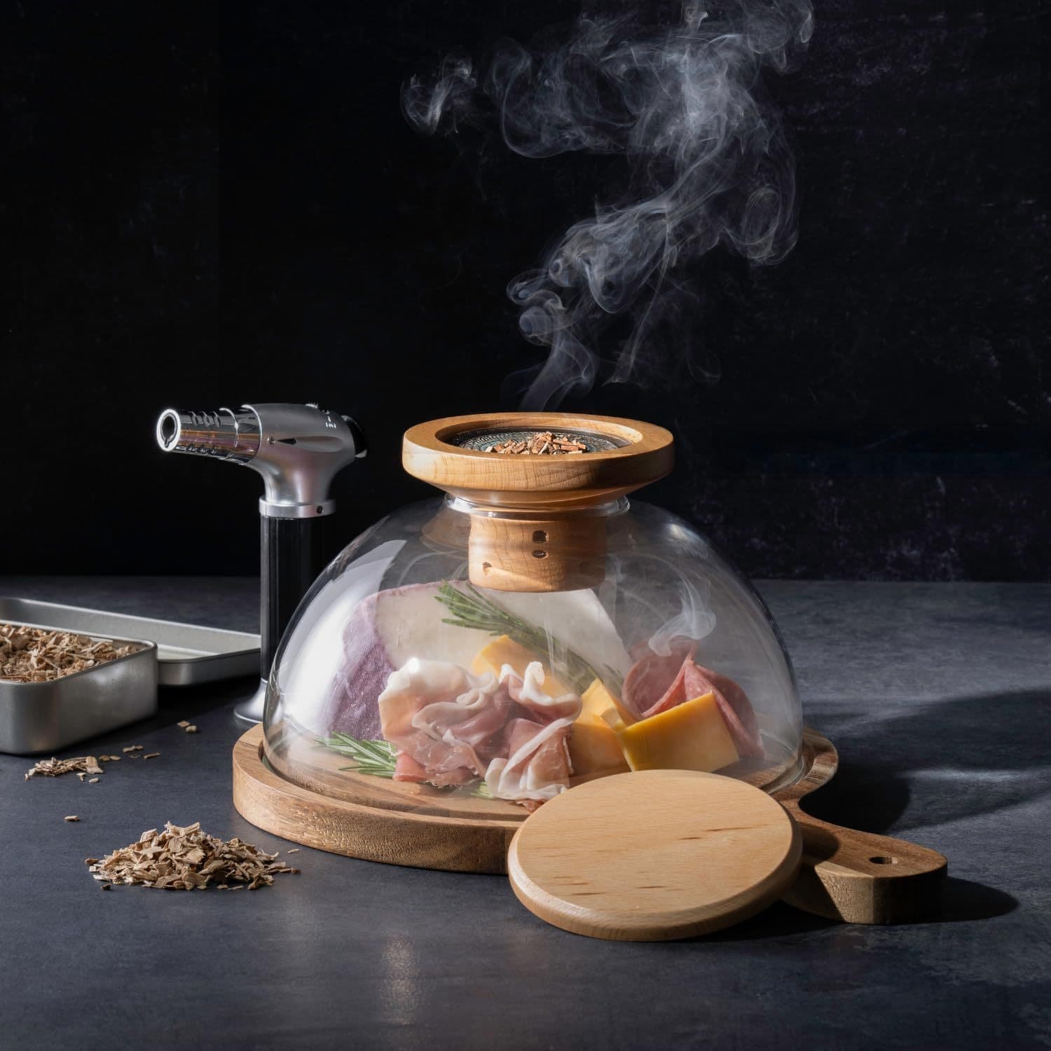Wooden Glass Lid Smoked Deli Serving Board Cheese Meat Appetizer Tray Display Round Charcuterie Dome Display
