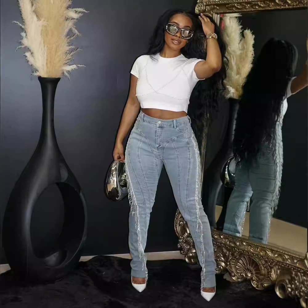 2024 Amazon & Instagram Cross-border New European and American Women's Fashion Fringe Sexy Slim Fit Skinny Jeans