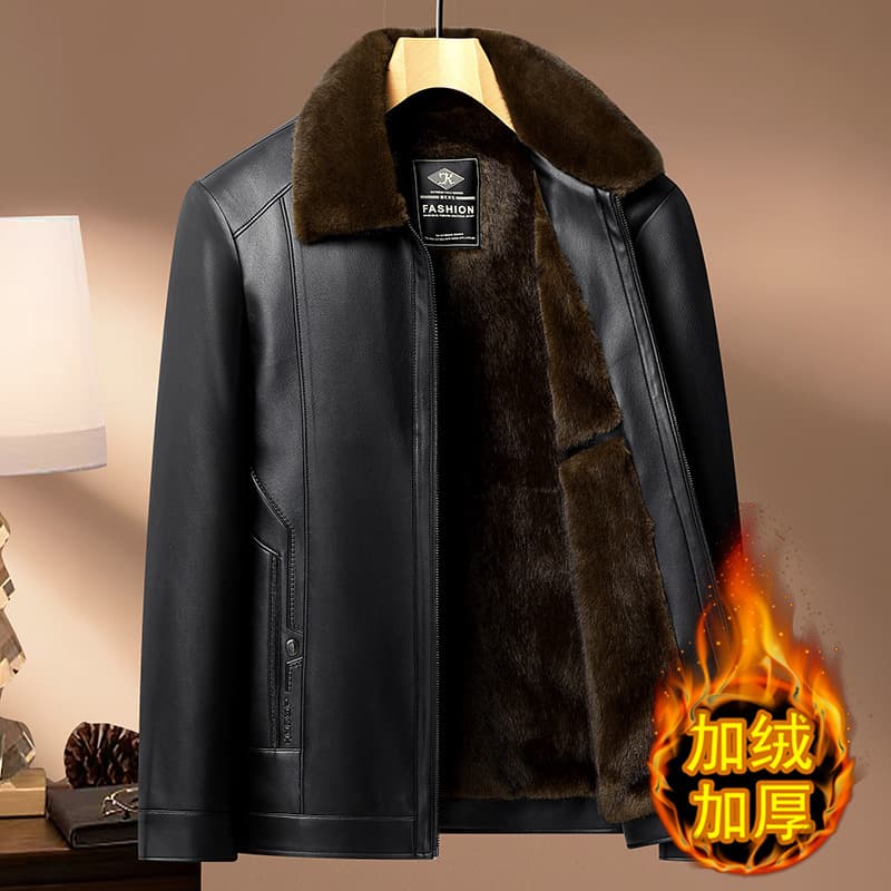 Men's velvet thickened lapel leather jacket 2026 winter new men's middle-aged and elderly business casual warm leather jacket