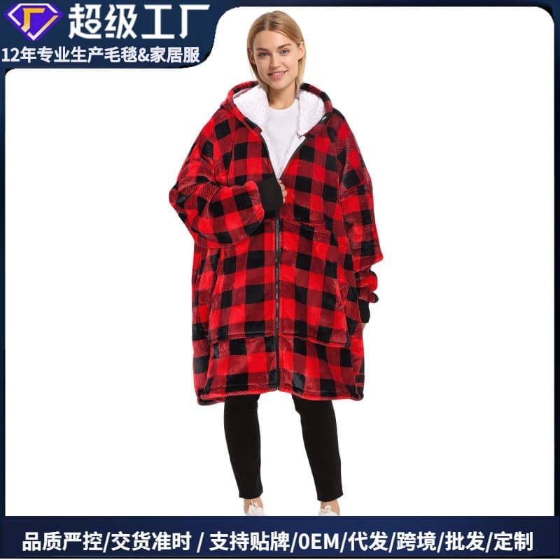 TEMU Cross-Border Thick Plaid Zip-Up Hooded Loungewear Couples Homewear Flannel Wearable Blanket Hoodie