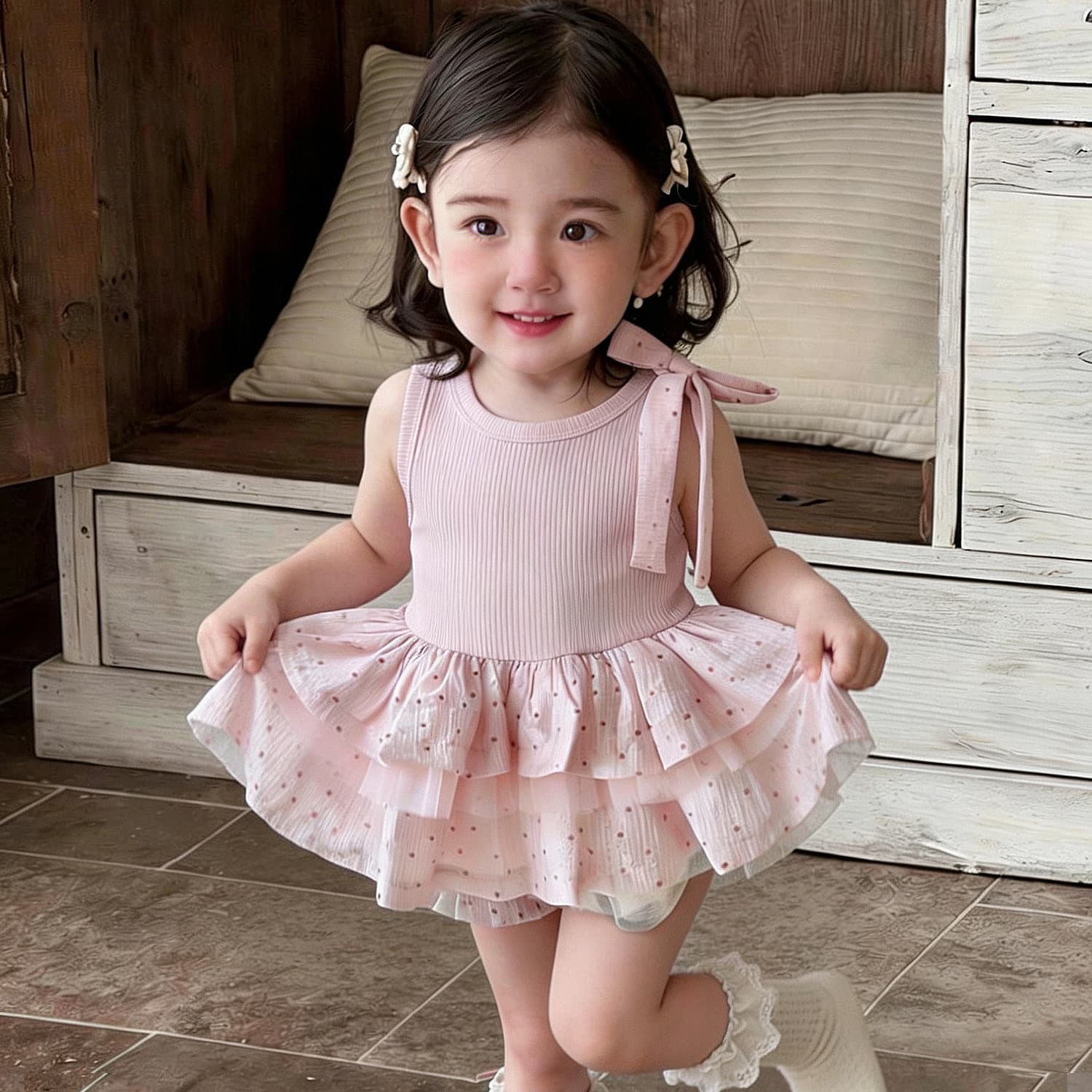 Korean-style Baby Pink Sleeveless Vest Dress with Polka Dot Mesh Ruffle and Tie Bow Sweet Dress for Toddler Girls