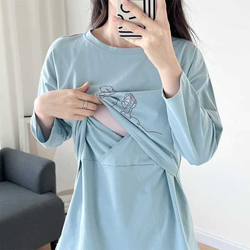 Spring/Autumn Thin Long-Sleeve T-Shirt 95% Cotton Premium Maternity Top Base Layer with Nursing Pad, Wearable Outside, Nursing-Friendly