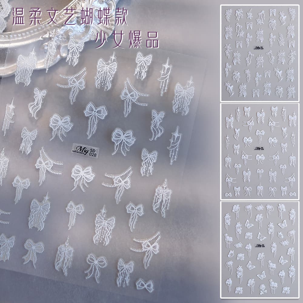 Cross-border New Craft Pearl Thin Flexible Nail Stickers Hollow Butterfly Girl Nail Art Decals Solid Color Nail Wraps