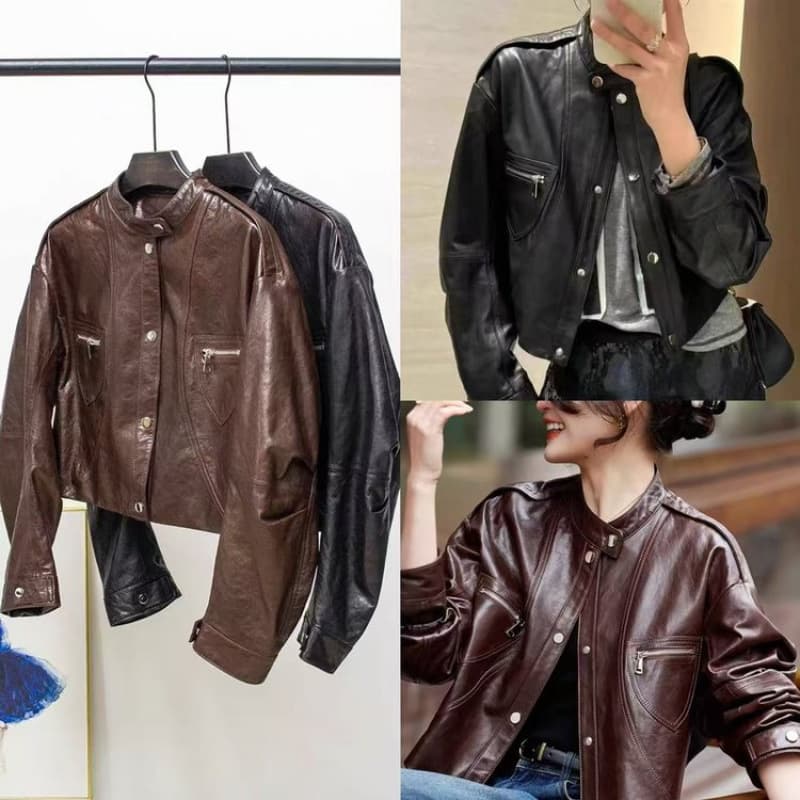 Ready Stock Wholesale High-End Oil Wax Vegetable Tanned Leather Jacket New Color Rubbing Stand Collar Short Slim Fashion Motorcycle Leather Jacket