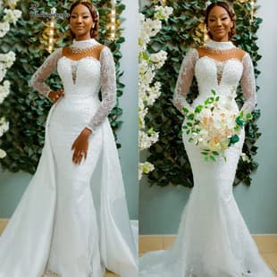 Lace Mermaid Wedding Dress Detachable Large Train Slim Fit Bodycon Bride Main Dress African Bride Wedding Dress for Export