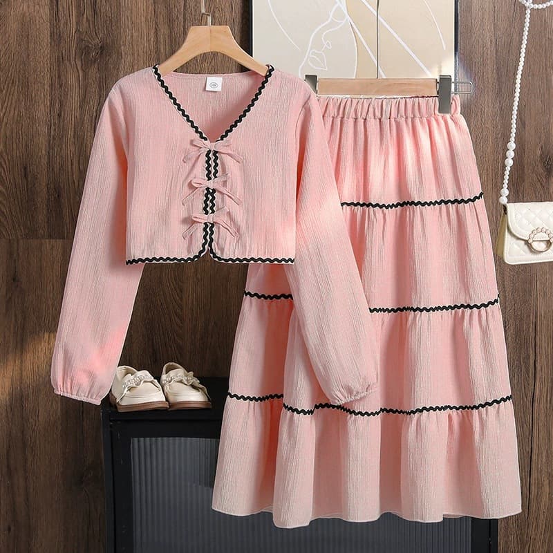 Women's and Older Girls' Lace Black Trim Bow Long-Sleeved Top + Skirt Two-Piece Set for European and American Cross-Border Trade