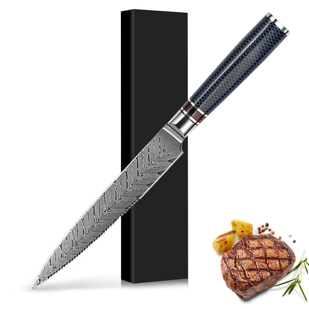 Damascus Steel VG10 Cutlery, Stainless Steel Knife, Thickened Steak Serrated Knife, 5-inch Western Steak Knife, Retro Style
