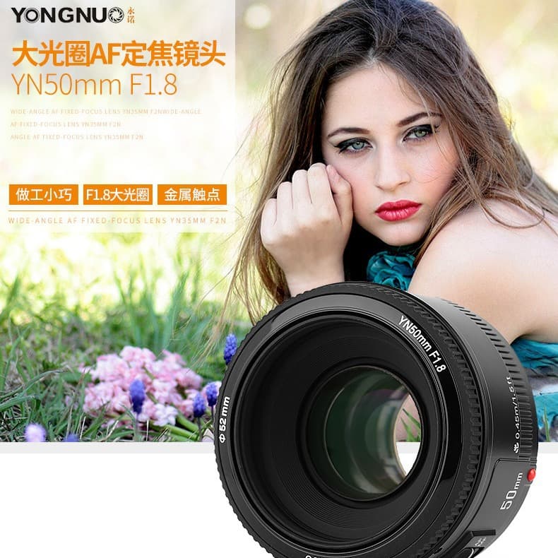 Yongnuo 50mm F1.8 Nikon F-mount 50mm f1.8 portrait prime lens with autofocus.