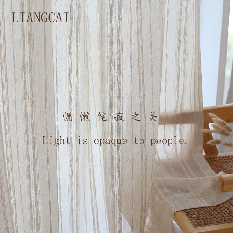 Imitation linen vertical striped gauze curtains for living room, bedroom, B&B, tea room, log wind, light-transmitting and impermeable curtains and window screens