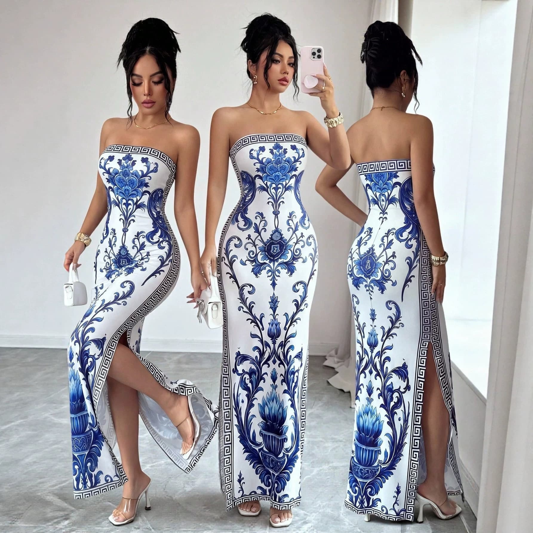 SHEIN Elenzya Exquisite and Elegant Women's Slim Fit Porcelain Printed Waist Slit Retro Long Gown