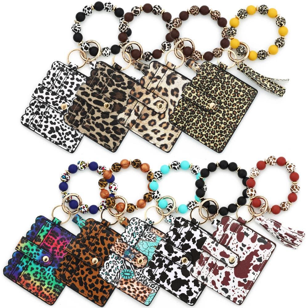 2024 cross-border wallet European and American silicone beads change color bag cow silicone keychain leopard print leather card holder