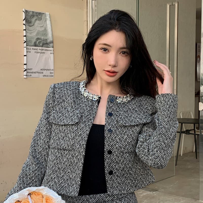 Grey Herringbone Long Sleeve Round Neck Outfit A-Line Mini Skirt Miu Style Two-Piece Set Elegant Pearl Embellished Polyester Suit