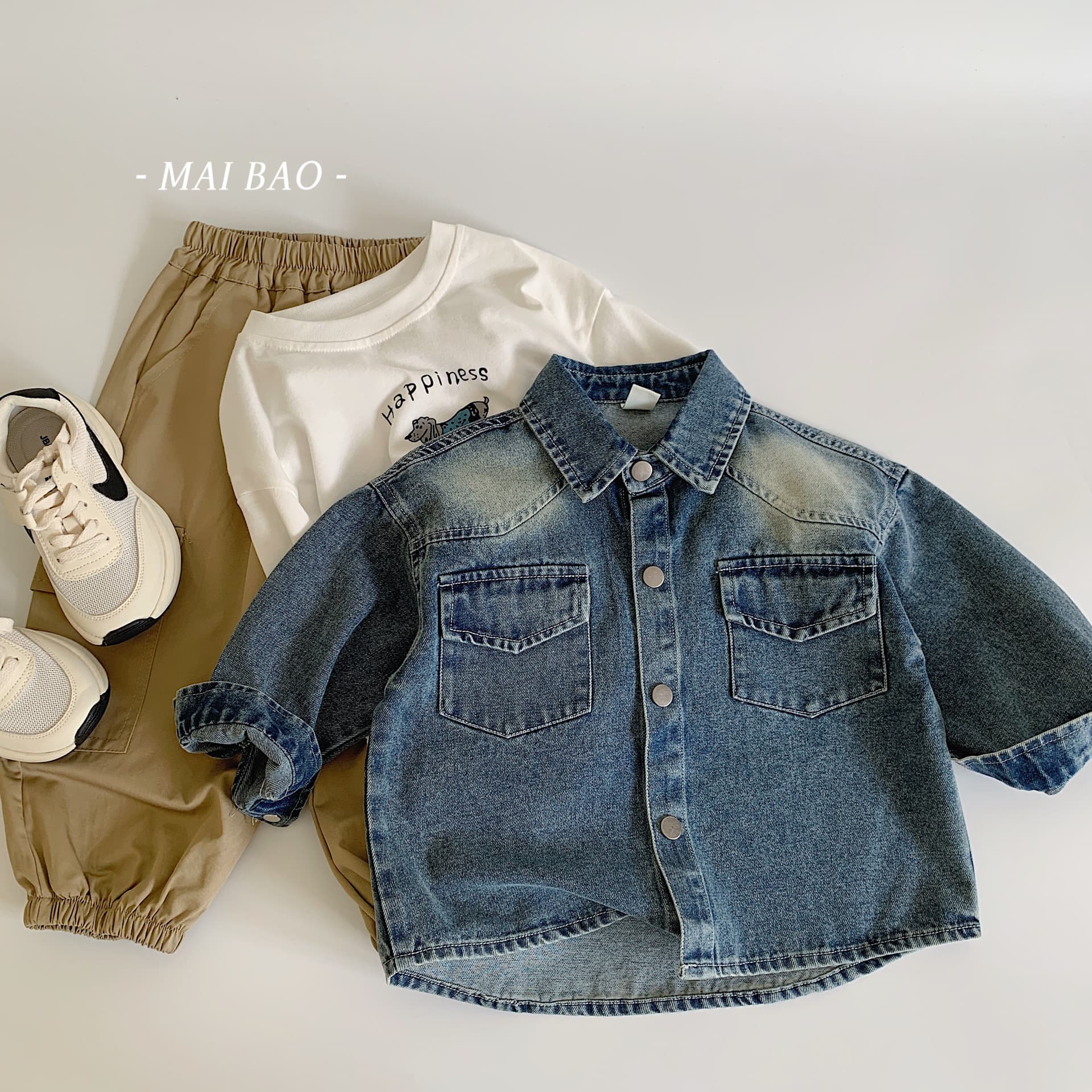 Maibao Kids Shirt 2025 Spring New Lapel Long Sleeve Stylish Solid Color Boys Korean-style Denim Shirt Jacket