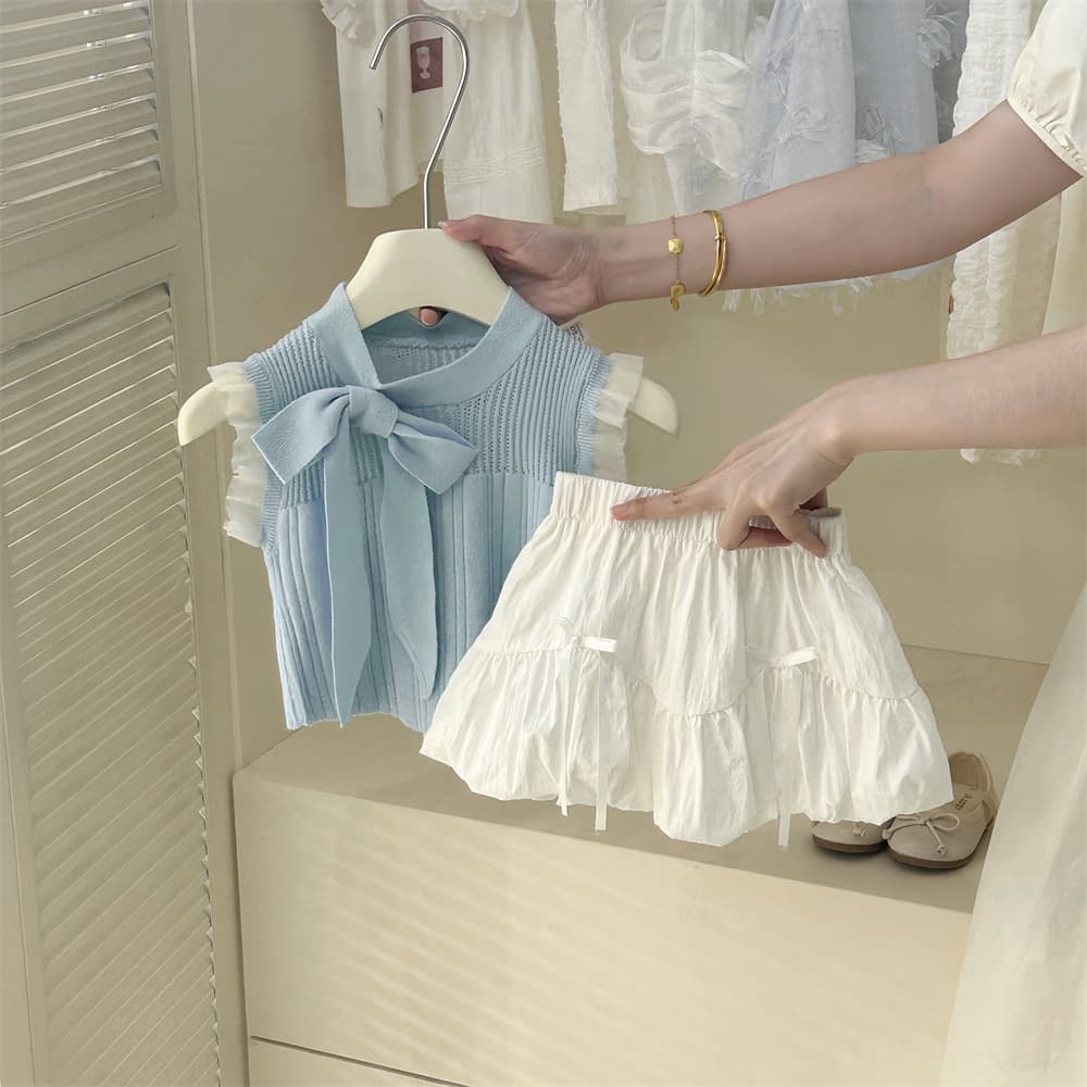 Cream Home Clothing Set 2025 New Style Children's Bow Knitted Vest Top Flower Bud Skirt Two-piece Set