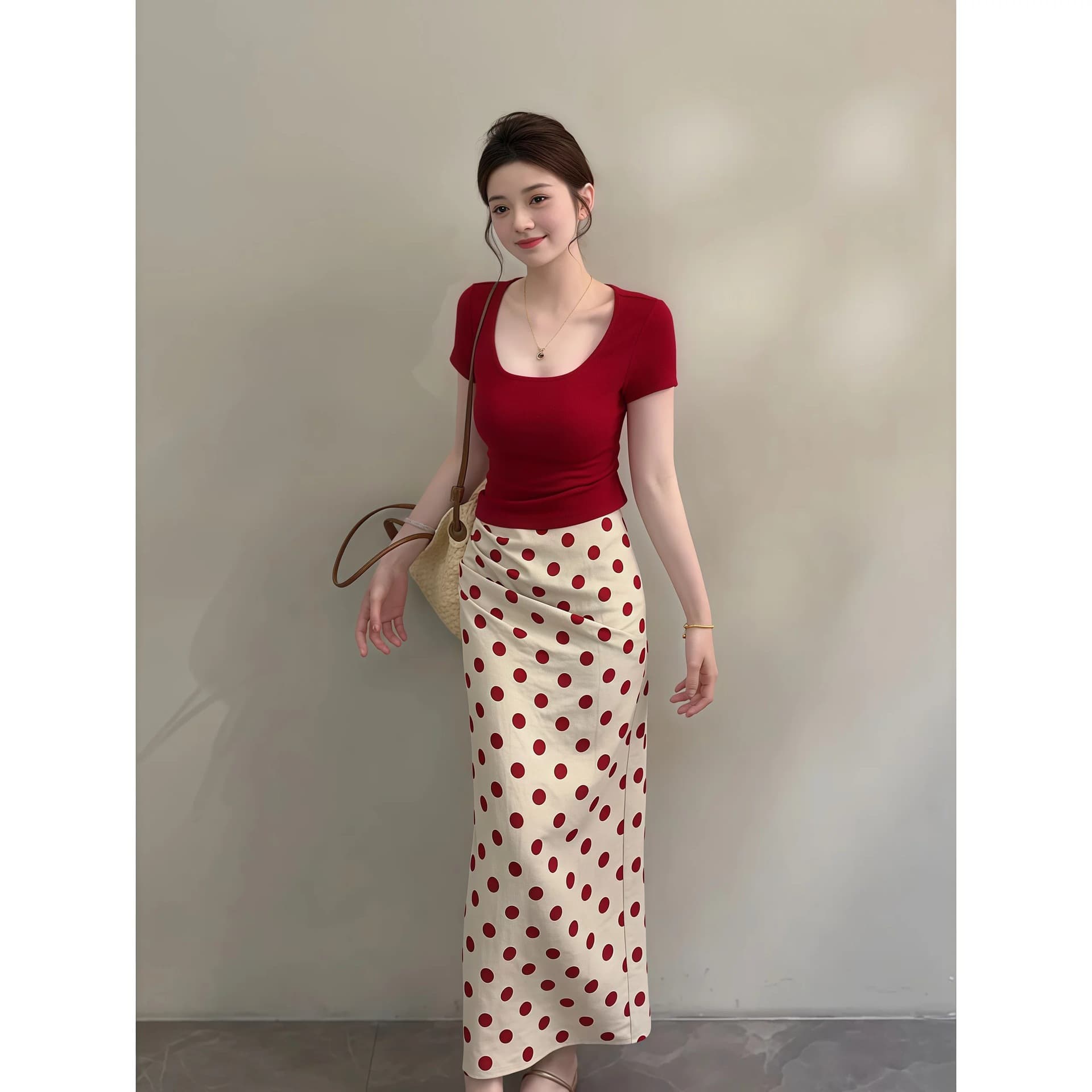 2026 Summer New Retro Hong Kong Style Red Polka Dot Short Sleeve Top with Casual Slim Skirt Two-Piece Set