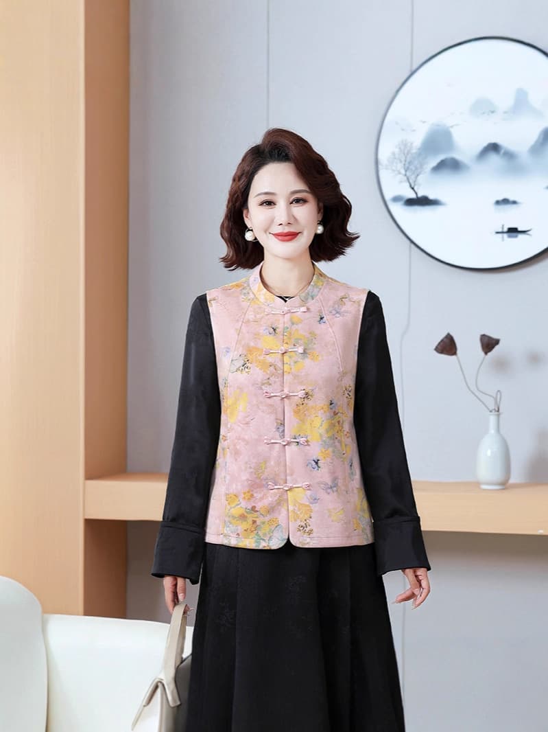 2025 Autumn New Gentle Jacquard Floral Improved Song Brocade Vest with Satin Inner Stand Collar Top Sleeveless Jacket