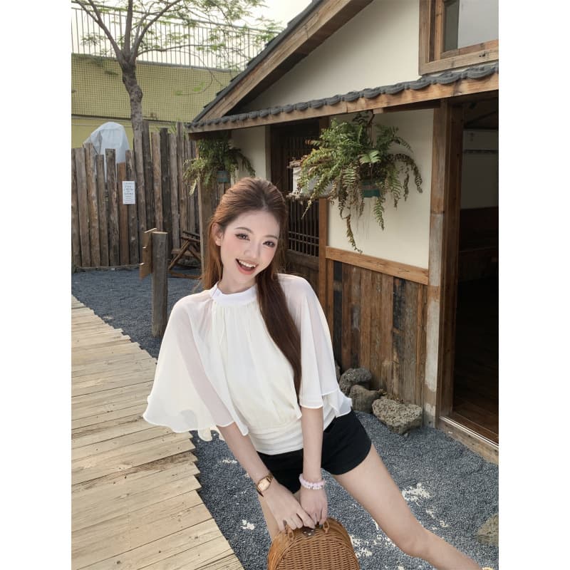 Actual Photo Korean Style Cape Loose Simple Chiffon Short Sleeve Top