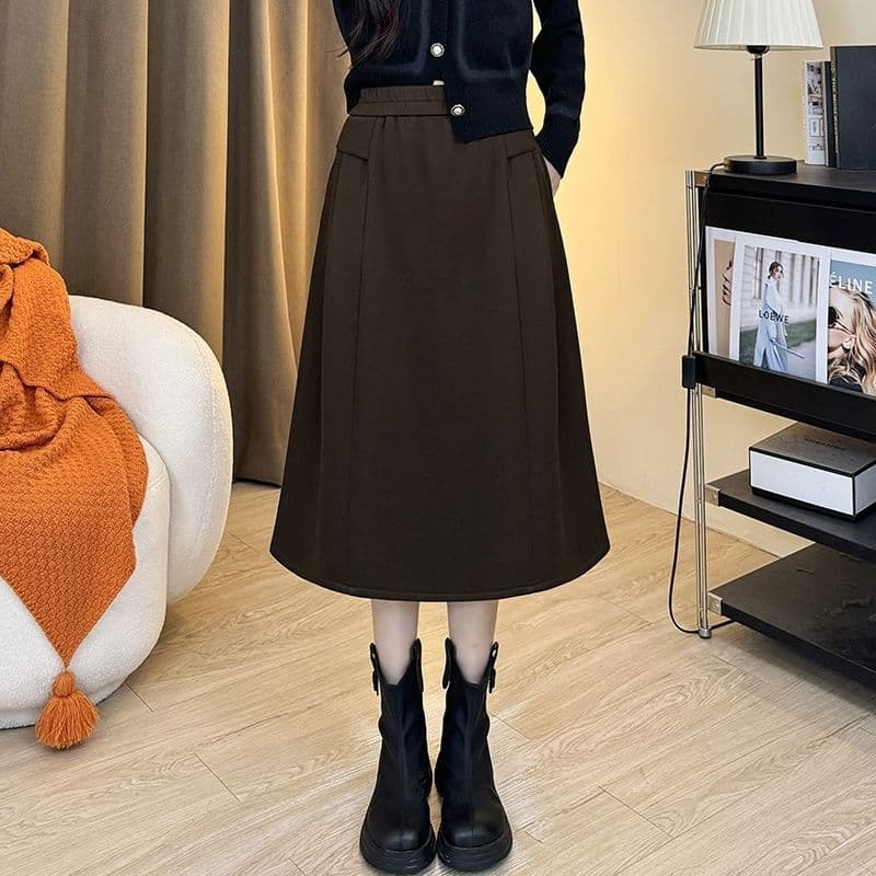 Black Plus Size Spring/Autumn New Stretch Casual Loose A-Line Skirt, Slimming Pencil Skirt, Knee-Length Versatile