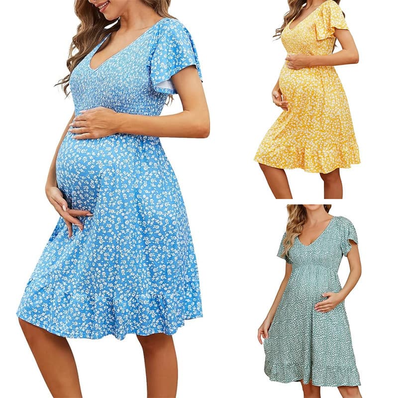 New Cross-Border European and American Amazon Stock 2026 Women's Summer Maternity V-Neck Dress Loose Comfortable Casual