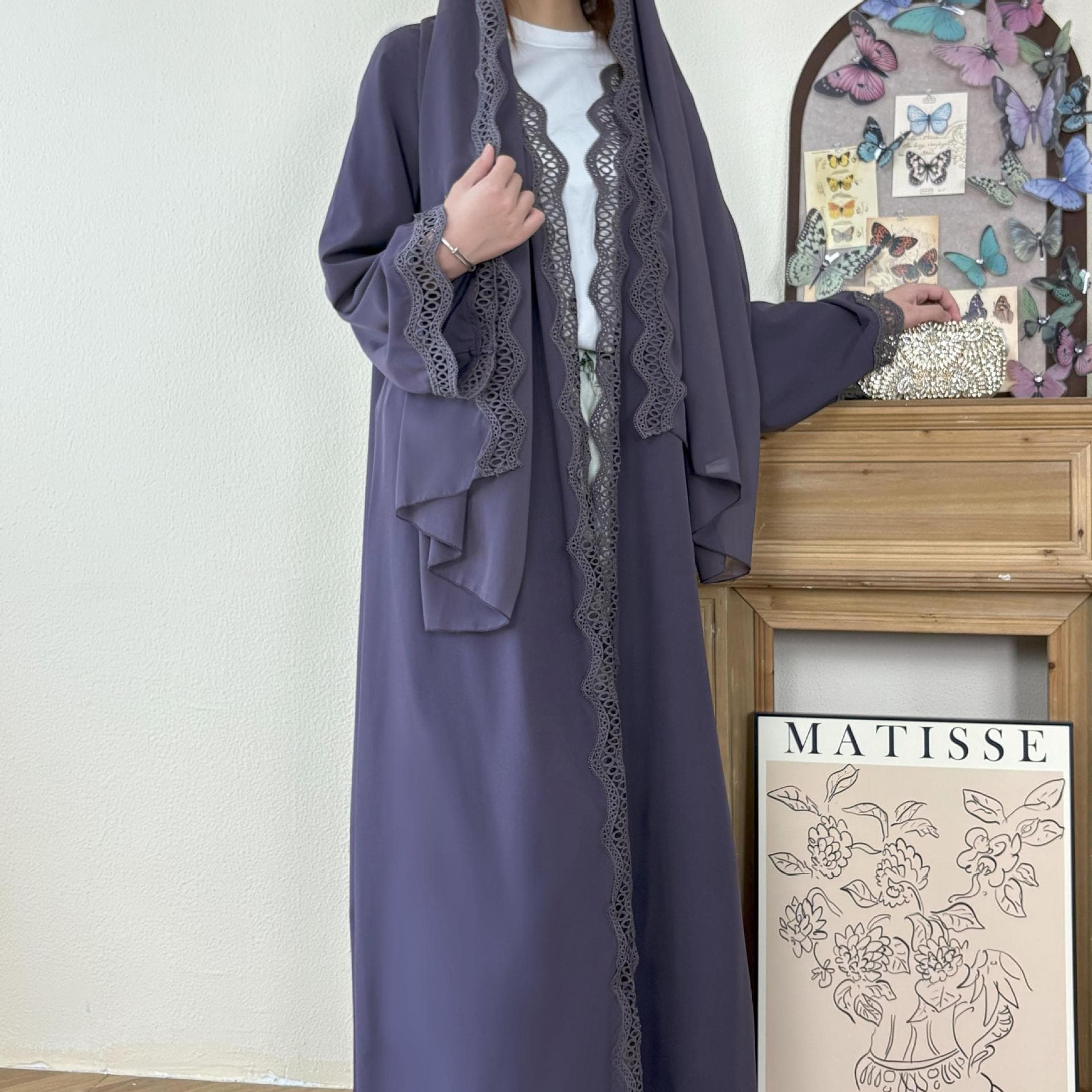 Modest Women's Purple Lace Trim Outer Dress Hijab Elegant Dress, Cross-Border Trade