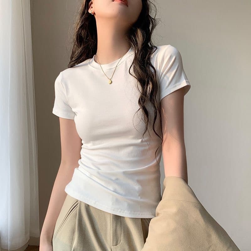 Figure-Flattering Cinched Waist T-Shirt for Women 2026 Korean Style High-Stretch Slim-Fit Red Short Sleeve Export Women's Top