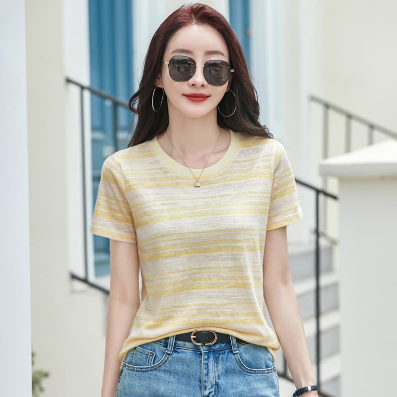 516 Summer New Contrast Stripe Crew Neck Retro Regular Shoulder Short Sleeve T-Shirt for Women, Snowflake Slub Cotton Loose Top