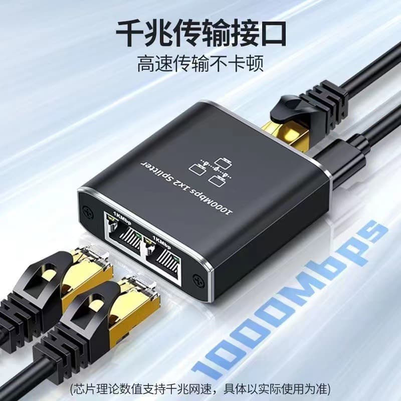 Gigabit network splitter, 1 to 2 network RJ45 connector, 1 input, 2 outputs, internet access.