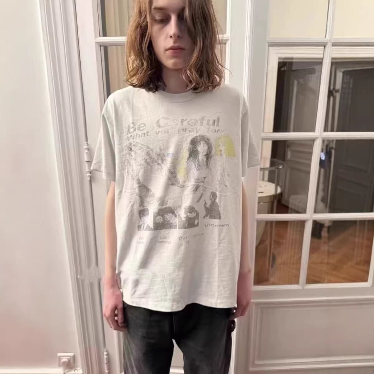 ERD24fw Prayer Portrait 'Be Careful' Illustration Print Portrait Washed T-Shirt Short Sleeve