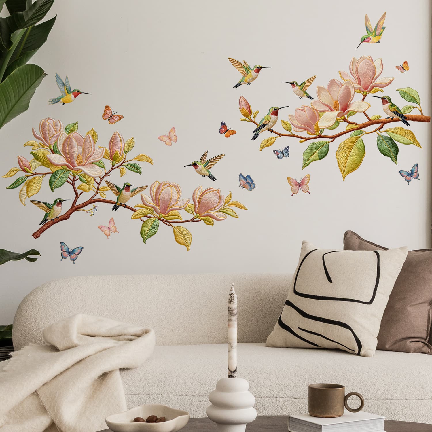 M19005 New Embroidery Texture Branch Bird Wall Stickers for Living Room Bedroom Home Beautification Decorative Wall Stickers Self-Adhesive