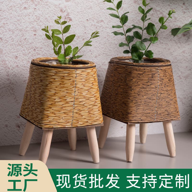 Indoor Wicker Plant Stand Triangular Bracket Pot Desktop Creative Succulent Storage Container Office Grass Woven Pot Wholesale