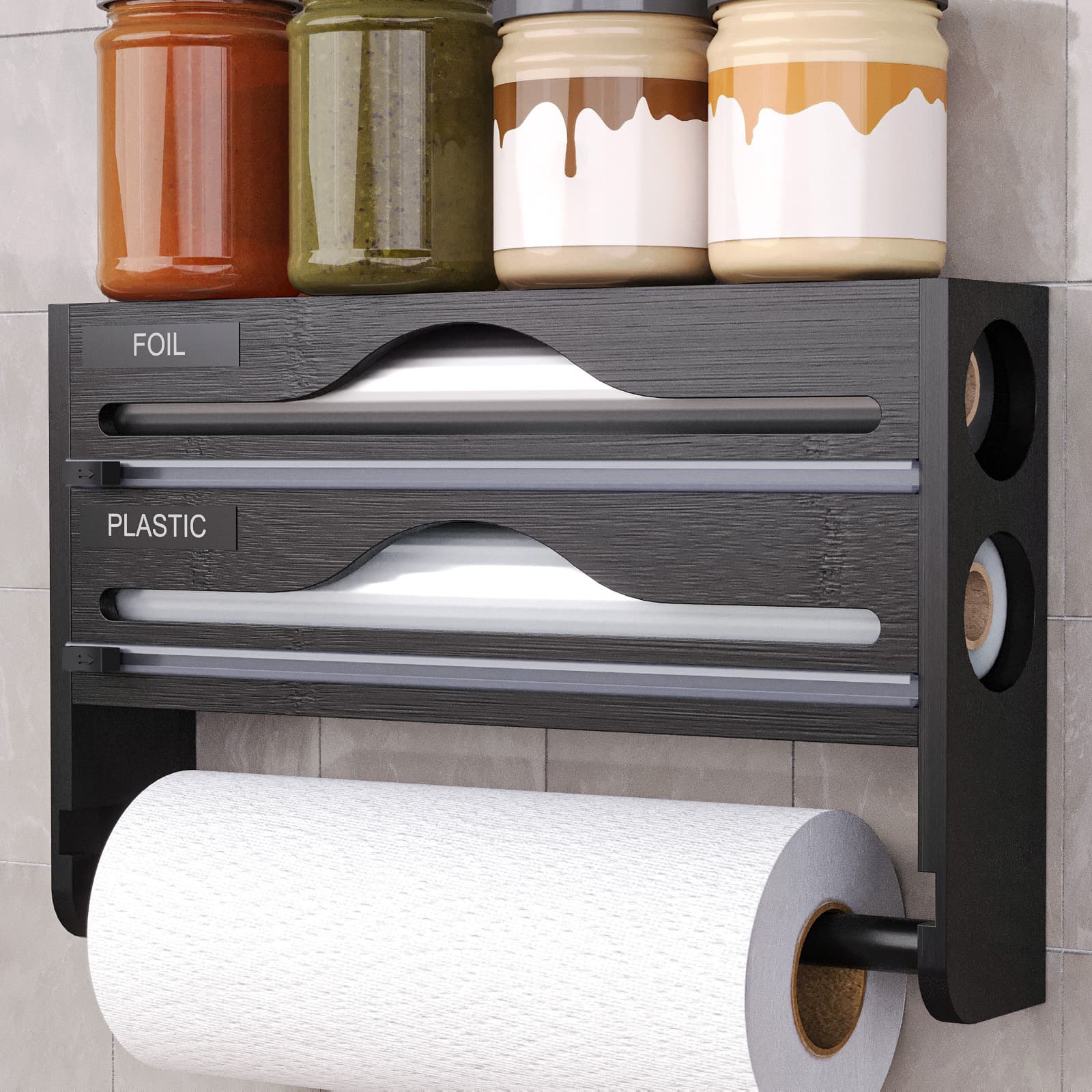 Bamboo Plastic Wrap Cutter Multi-Compartment Plastic Wrap Cutting Foil Simple Storage Box Wall-Mounted Kitchen Cutting Box