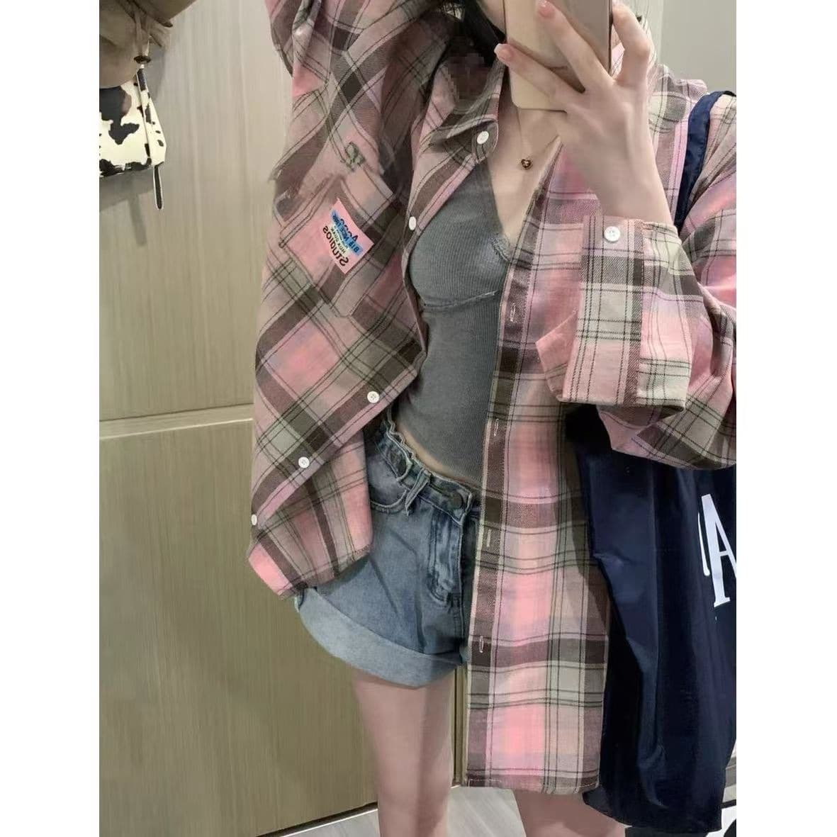 Pink Plaid Shirt for Women Summer Loose Casual Oversize Shirt Thin Sun Protection Cardigan Jacket