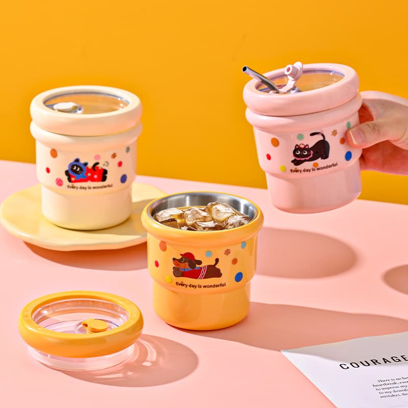 304 Stainless Steel Dopamine Coffee Cup, Office Worker Portable Cartoon Cute Straw Cup, Portable Drinking Cup