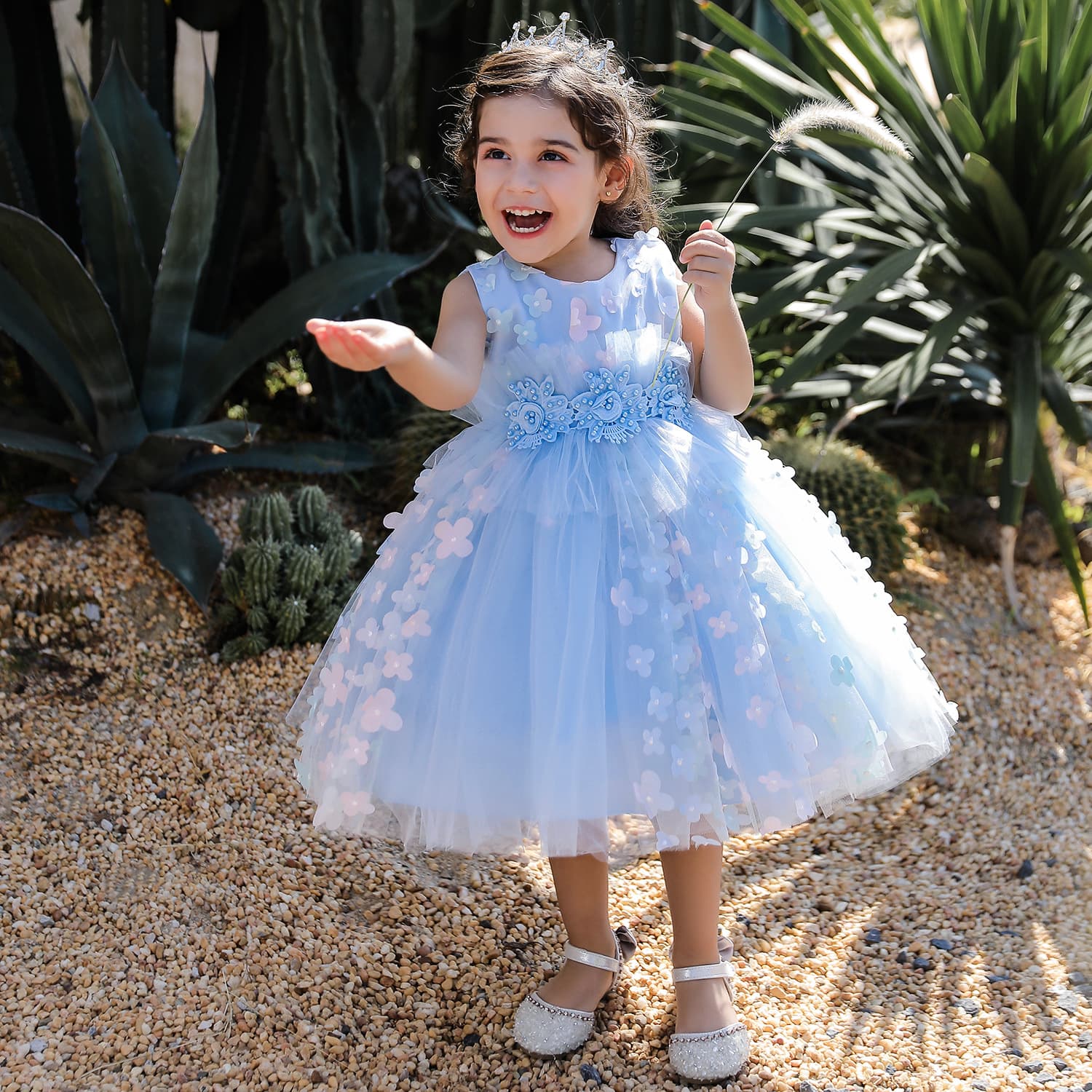 Puffy Tulle Dress Children's Party Dress Girls' Flower Girl Dress European Style Wedding Dress with 3D Flowers Baby Dress