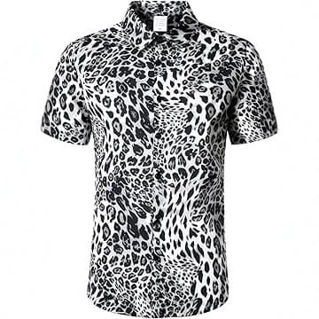 Men's Black and White Leopard Print Short Sleeve Shirt Summer Lightweight Casual Lapel Button-Down Top Cross-Border Men's Clothing Wholesale