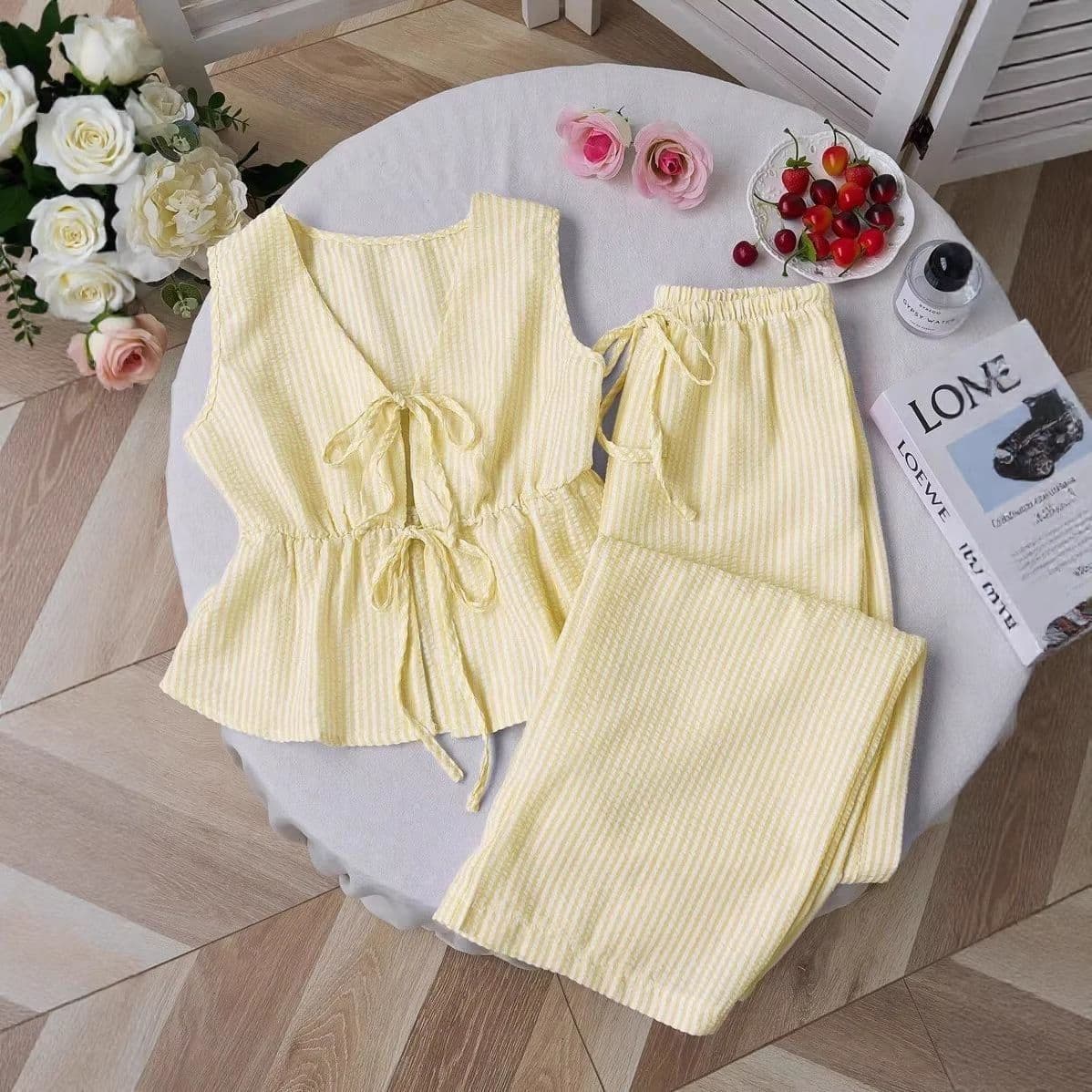 Striped lace up top and pants set Striped lace up top and pants set