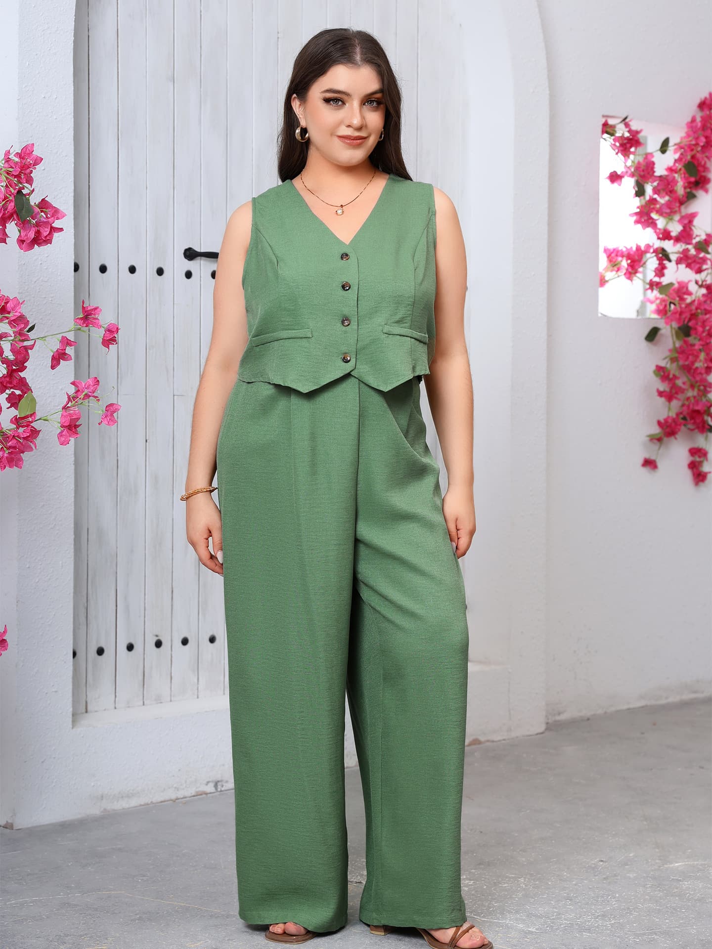 European and American Women's Cross-border 2025 New Fashion Solid Color Suit Vest Pants Casual Two-piece Set Plus Size Women's Clothing