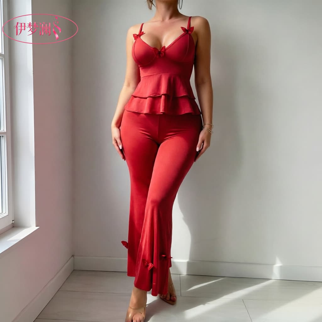 Yimenglan 2026 New Foreign Trade Style Camisole Mesh Top Flared Pants Teasing Lingerie Sexy Sleepwear Set