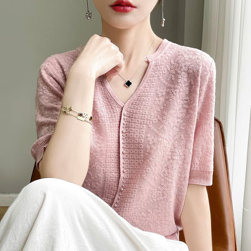 Summer New Ice Silk Knit Short Sleeve T-Shirt Women V-Neck Beaded Elegant Top Casual Lace Hollow Out