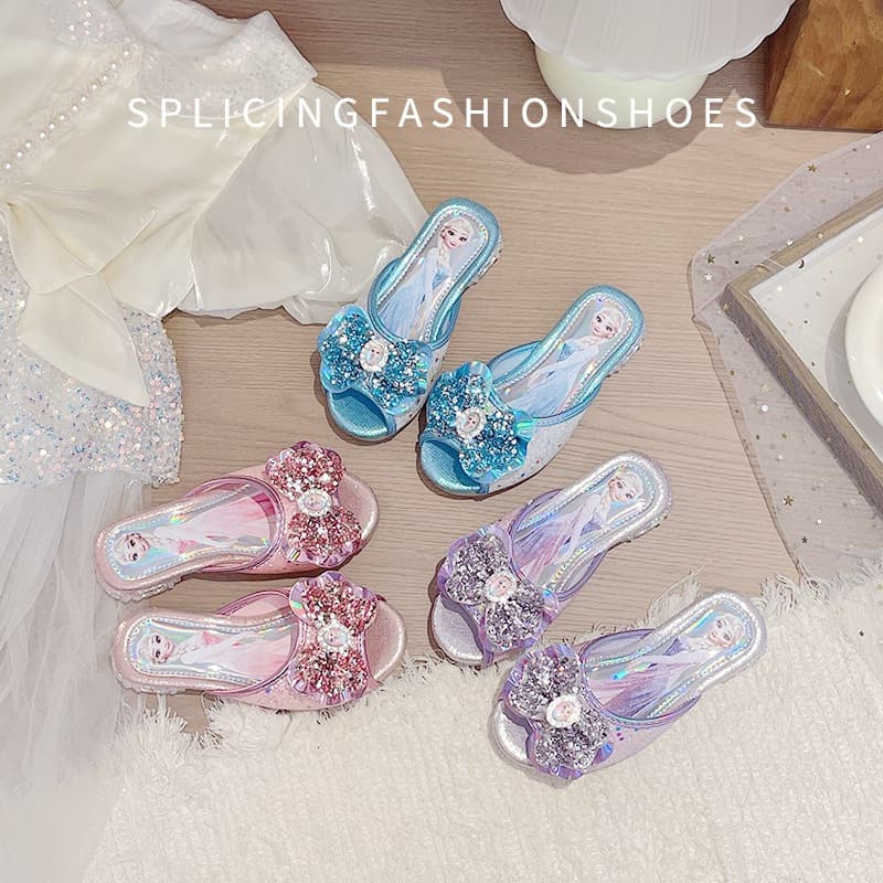 Girls' Fashion High Heel Sandals 2026 Summer New Style Butterfly Bow Sparkly Fish Mouth Cartoon Slide