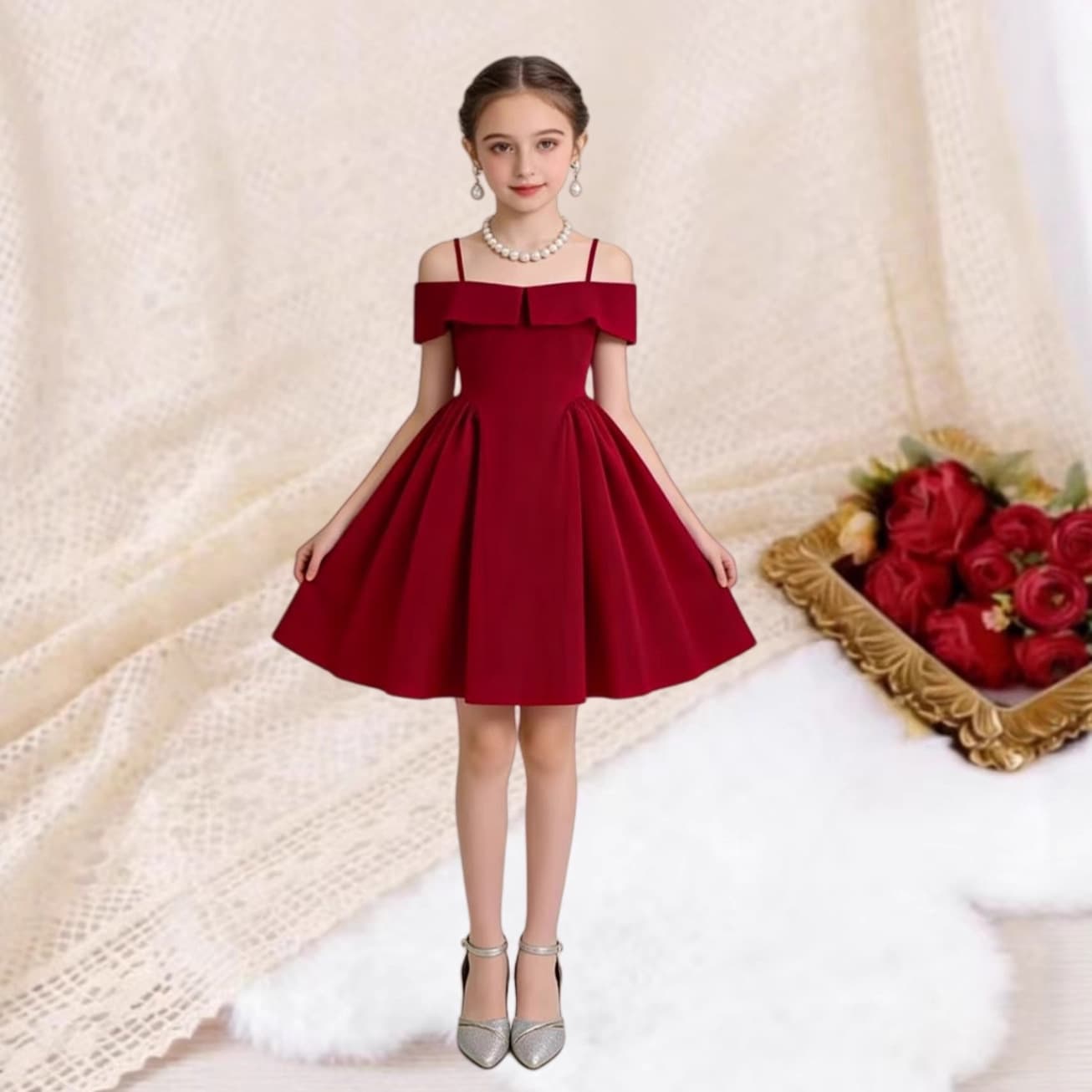 European and American Girls' Clothing 2026 Spring/Summer New French Elegant Halter One-Shoulder Waist-Cinched Pleated Flared Dress
