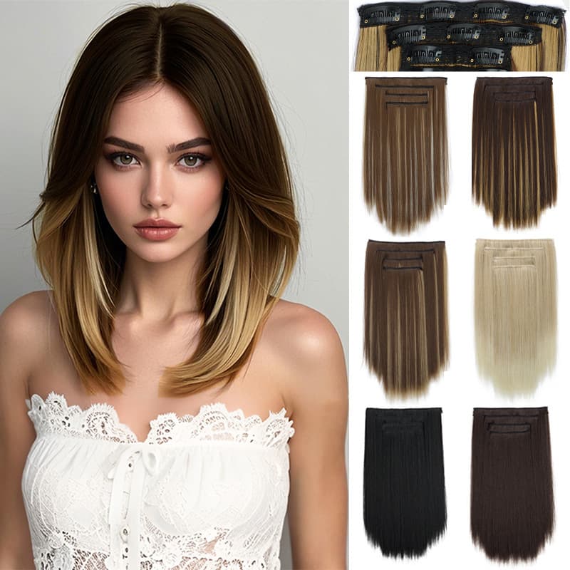 European and American Clip-in Hair Extensions 4-Piece Set, 11 Clips Long Hair Extension Pieces, Synthetic Fiber Women's Long Straight Hair Weft Set for Export
