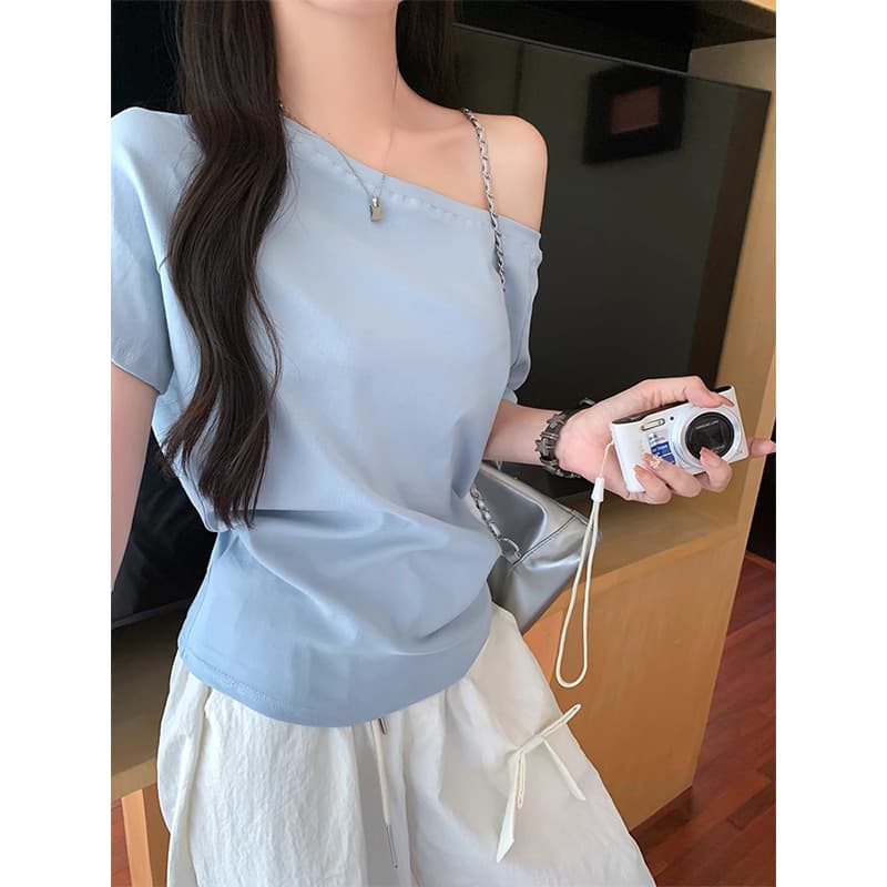 Casual Style One-Shoulder Off-Shoulder Short-Sleeve T-Shirt for Women, New Summer Model, Solid Color, Stylish Design, Loose Fit, Slimming Effect, Trendy Off-Shoulder Top
