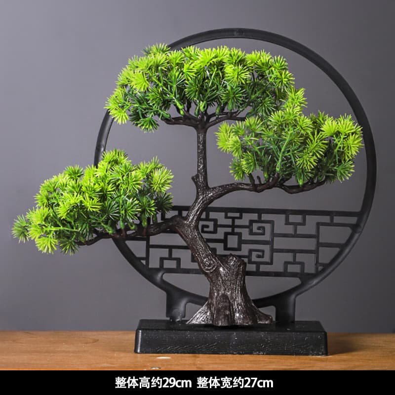 New Chinese Style Guest-Greeting Pine Bonsai Screen Ornament, Simulated Green Plant, Living Room/Wine Cabinet Home Entryway Zen Decor