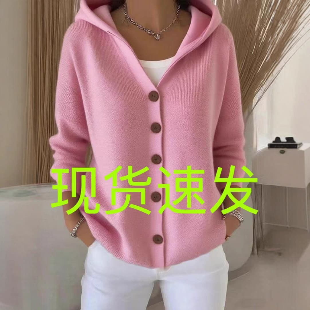 2025 European and American style button-down knitted hooded cardigan coat, autumn and winter new style, cross-border solid color casual fashion women's clothing