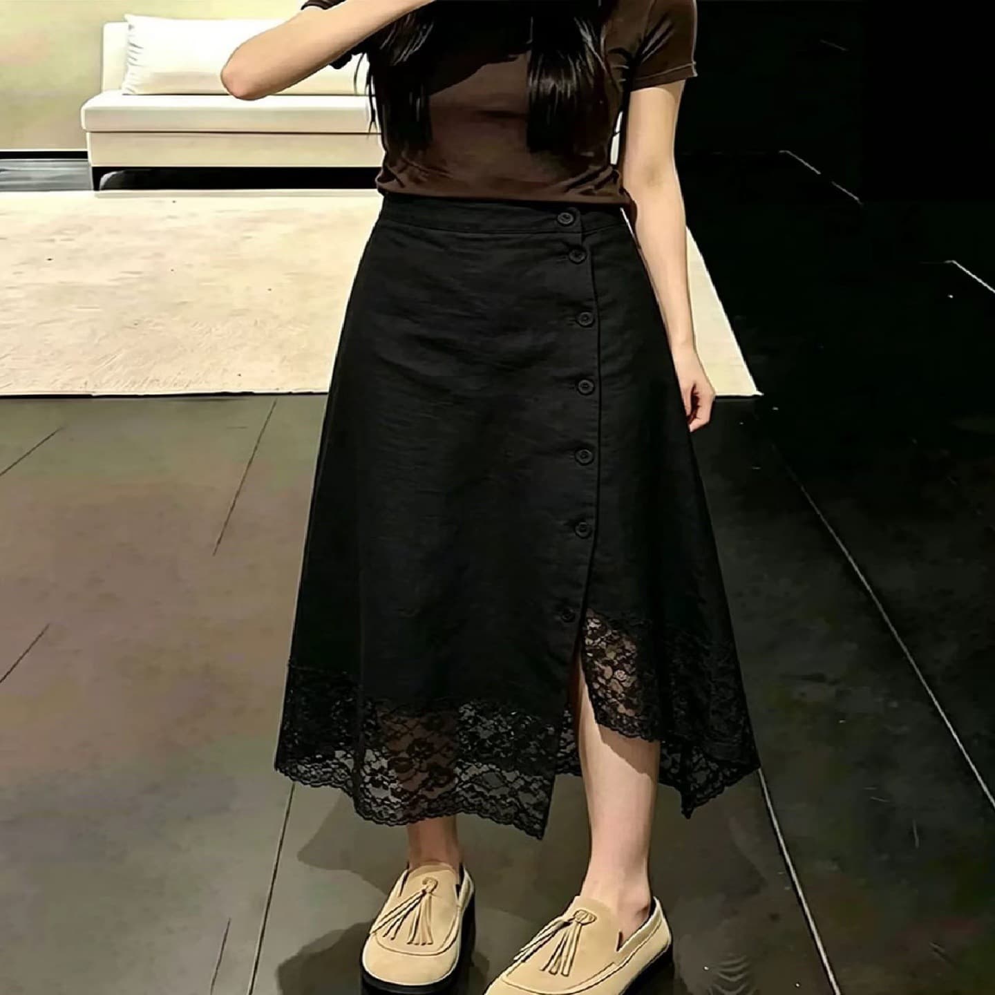Black High Waist Slit Lace Spliced Skirt Women's 2026 Summer New Style Fashionable Slim A-Line Skirt