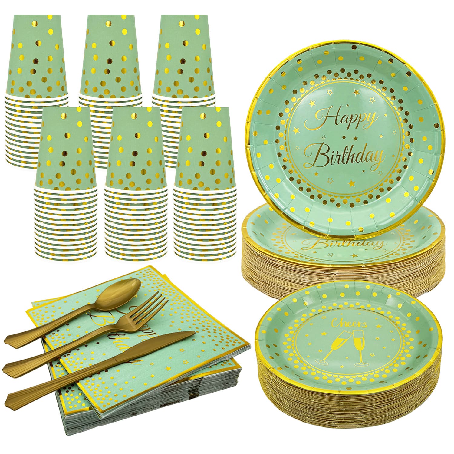 Cross-border Happy Birthday Theme Gold Foil Party Set, Mint Green Paper Plates, Knives, Forks, and Utensils Decoration