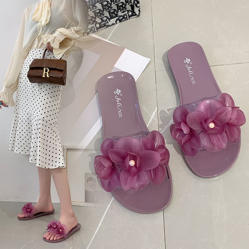 New Purple Flower Jelly Transparent Korean Crystal Sandals Fashionable Women's Outerwear Anti-Slip Strap-Top Sandals
